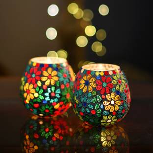 Homesake Moroccan Multicolor Flowers Glass Mosaic Candle Holder, Tea Light Holder Votive, Set of 2 Glass 2 - Cup Tealight Holder Set