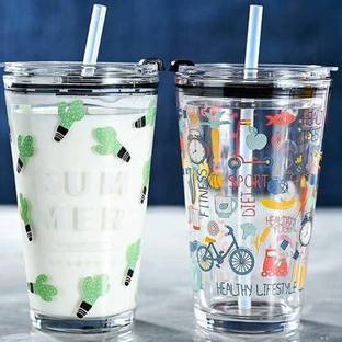 dhyani (Pack of 2) Printed Glass with Airtight Lid and Straw Children's Breakfast Milk Coffee Mug, Printed Mason Jar with Straw, Transparent Glass Set with Straw Glass Set Water/Juice Glass