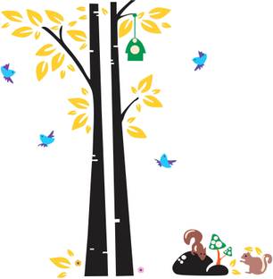 Crown Decals 122 cm Colorful tree with birds squrels bird house pvc vinyl decorative wall sticker for wall decoration size : 122 Cm X 119 Cm Self Adhesive Sticker
