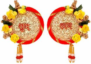 Red Crush SHUBH-LABH Side Door Hangings with Flower Border for Home Decoration/Diwali Decoration(Red&Yellow) Toran