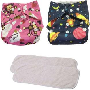 kogar All New Solid Stylish Reusable Printed Multicolour Cloth Button diaper With White Insert For Baby New Born to 2 Year (2 Diaper +2 Insert)N1