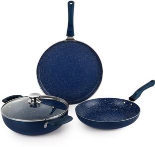 cello Non Stick Induction Bottom 4 Pcs Cookware Set (Dosa Tawa 28cm, Frying Pan 24cm, Kadhai 2.5ltr with Glass Lid) Induction Bottom Non-Stick Coated Cookware Set