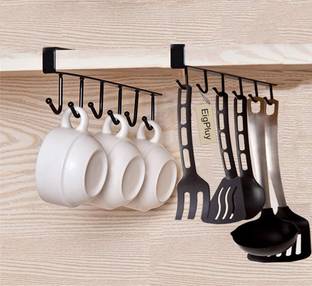 KolorFish Cup Kitchen Rack Steel Mug Hooks Under Cabinet Coffee Cups Storage Multifunction Nail Free Holder Shelf Chest Tie Scarf Hanger Rack (Pack of 2) Black