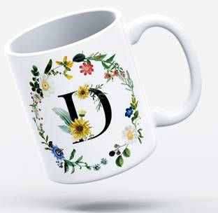 The Kamy Initial Alphabet letter D with floral design Ceramic Coffee mug, printed on both sides. (350 ML) Ceramic Coffee Mug