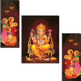 Indianara Set of 3 Lord Ganesha MDF Art Painting (3786FL) without glass (4.5 X 12, 9 X 12, 4.5 X 12 INCH) Digital Reprint 12 inch x 18 inch Painting