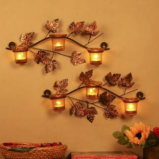 होमसेक Maple Leaf Wall Mount with 3 Votive Yellow, Set of 2, Candle Stand Wall Mounted with Tea Lights काँच, लोहा टीलाइट होल्डर सेट