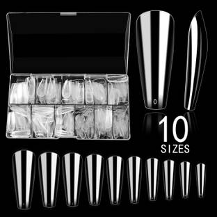 Futurekart 500 Pcs Fake Nails, 10 Sizes Acrylic Nails,Transparent Artificial Nails, False Nail Tips with Case for Nail Salons and DIY Nail Art (Long Trapezoid) transparent