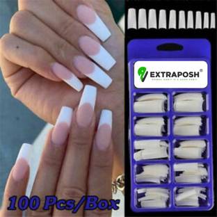 Extraposh Artificial Gold Finger Empress Curve Tips Fake Nails with Glue Bottles WHITE, TRANSPARENT