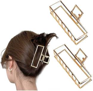 Krenoz 0/4 Cm Large Gold Plastic Hair Clips for Women Big Hair Claw Clips Non-Slip Strong Jaw Hair Clip Fashion Hair Accessories for Women & Girls Pack of 2(big rect1) Hair Claw
