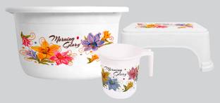 KUBER INDUSTRIES Printed 3 Pieces Unbreakable Virgin Plastic Multipurpose Mug, Tub & Stool Set (White) 25 L Plastic Bucket
