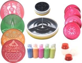 Artonezt Rangoli Tool kit for Making Unique and Beautiful Rangoli Designs-2 Plastic Rangoli Magic Stamp (4" and 8"), 8 Rangoli Stencils, 5 Rangoli Colour Bottles, 2 Rangoli Fillers Rangoli Stencil