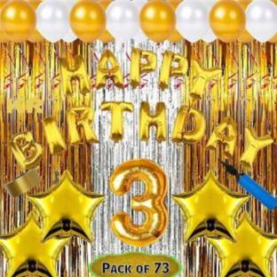 KR Solid Boy girl & kids Third/3rd happy birthday combo/kit material for party decorations (Set of 73) Happy birthday combo pack gives a complete beautiful touch to your party decorations.Pack includes (Happy birthday foil balloon letters, Shimmer foil curtain, Metalic balloons, Plastic ribbon for decoration, balloon pump, Star shape foil balloons, 1 number foil balloon). Balloon (Gold, Silver, Pack of 73)