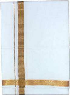 Prakasam Cotton Men's Gold Jari Border (1.28X2.00 mtrs) Single White Dhoti/ Golden Jari border ( pack of 1 ) Solid Men Dhoti