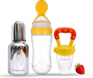 Goodmunchkins Stainless Steel Feeding Bottle(150ml) Silicone Spoon Feeder (90ml) & Fruit Feeder for Babies -304 SS-No Joints-Anti Colic Silicon Nipple-Food Grade Silicon Feeder BPA Free Pack 3 - 150 ml