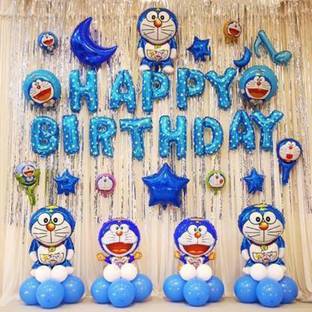 decokart Doremon theme birthday combo-13 pc happy birthday foil,2 curtain,1 moon,30 balloon,2 doreamon foil. pack of 47