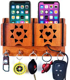 Ambvin ™ Craft K1203 Home Side Antique ART Wall Mount Key Hanger With 2 Pocket Mobile Charging Stand, Stylish Living Room Decor Wood Key Holder