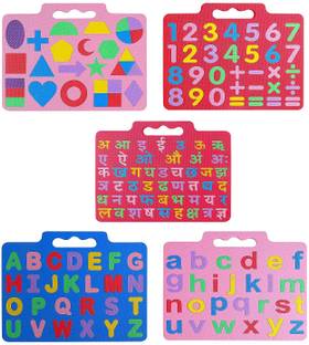 Ashmi Eva Multicolor Super Combo Capital & Small Alphabets A to Z Number Hindi Varnamala And Shape Learning Board Play Floor Mat Interlocking Puzzle for Kids, Boys, Girls, Children Toys for Age 2+ Pack of 5 Size 33 X 24 CM
