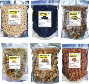 Debankan's Natural DF Combo Pack (6 x 100 gm Pack ) Almonds, Black Raisin,Plain Pistachios, Dry Dates,Raisins, Cashews Almonds, Cashews, Pistachios, Raisins, Dates, Raisins