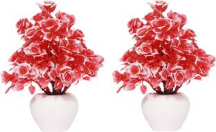 NERAPI Set of 2 Piece Mini Love Red Roses Flower Plant for Home/Office Décor Accent, Red Rose Artificial Flower  with Pot