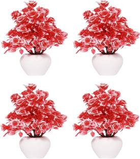 NERAPI Set of 4 Piece Mini Love Red Roses Flower Plant for Home/Office Décor Accent, Red Rose Artificial Flower  with Pot