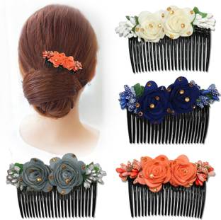 Myra Collection Multicolor Acrylic Comb and Cloth Flower Hair Clip/Side Comb/ Flower Bun Clip
