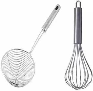 Riyansh Steel Hand Blender Mixer Froth Whisker Latte Maker for Milk Coffee Egg Beater Juice Trading Stainless Steel Deep Fryer Strainer/Mesh Strainer/Jhara/Puri Strainer for Kitchen Sieve Kitchen Tool Set