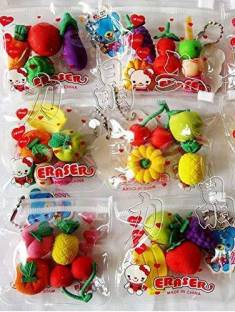 variety palace Fruits Vegetable Eraser /Rubber Birthday Return Gifts for Kids (Pack of 6 Pouch) Non-Toxic Eraser