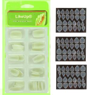 LikeUp Latest New Packing Imported Gorgeous 100pcs Reusable Transparent Artificial Nail Tips Best False Nails with 3 sheet nail tab sticker 100% water proof Gorgeous 100pcs acrylic artificial shining fake nails Natural Color
