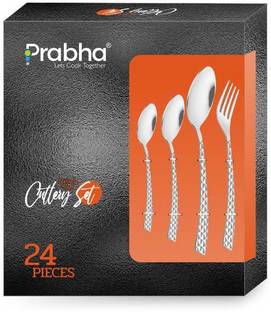 PRABHA 24 Pcs Crysta Print Cutlery Set With Box Stainless Steel Spoons Set, Spoon & Fork (Contains: 6 Table Spoons, 6 Tea Spoons, 6 Table Forks, 6 Dessert Spoons), Silver Stainless Steel Cutlery Set