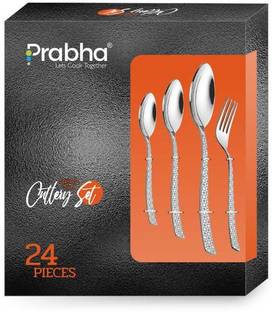 PRABHA 24 Pcs Allure Print Cutlery Set With Box Stainless Steel Spoons Set, Spoon & Fork (Contains: 6 Table Spoons, 6 Tea Spoons, 6 Table Forks, 6 Dessert Spoons), Silver Stainless Steel Cutlery Set