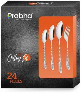 PRABHA 24 Pcs Fusion Print Cutlery Set With Box Stainless Steel Spoons Set, Spoon & Fork (Contains: 6 Table Spoons, 6 Tea Spoons, 6 Table Forks, 6 Dessert Spoons), Silver Stainless Steel Cutlery Set