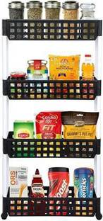 NEWON 4 Layer | Black & White | SLIM Classic Luxe- Smart Storage Organizer – Multipurpose & Easy-To-Move Slide Out Shelf Rack Trolley (Plastic) With Wheels for Kitchen | Bedroom | Bathroom | Home | Pantry | Washing & Utility Area Plastic Kitchen Trolley Plastic Kitchen Trolley