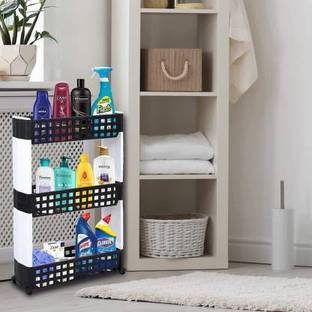 NEWON 3 Layer | Black & White | SLIM Classic Luxe- Smart Storage Organizer – Multipurpose & Easy-To-Move Slide Out Shelf Rack Trolley (Plastic) With Wheels for Kitchen | Bedroom | Bathroom | Home | Pantry | Washing & Utility Area Plastic Kitchen Trolley Plastic Kitchen Trolley