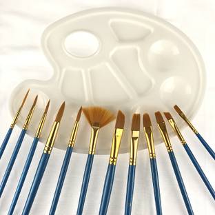 Design connection Artist 12 Pcs Arts Brushes Set with Wood Handle Durable Smooth Nylon Hair Oil Painting Watercolor Paint Artist Brush ( Color_Blue_ Golden)