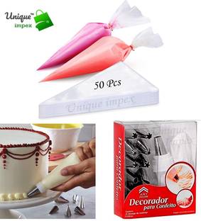 Unique Impex 50 Pcs Disposable Piping Bag 12 Piece Steel Nozzles Cake Decorating Set Frosting Icing Piping Bag Tips With 1 Washable & Reusable piping bag & coupler Disposable Piping Bag
