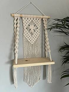 Cubern Macrame Handmade Wooden Wall Shelf | Bohemian Wall Shelf for Living Room, Bed Room (Twisted) Pack of 2