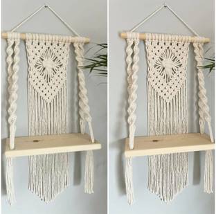 Cubern Macrame Handmade Wooden Wall Shelf | Bohemian Wall Shelf for Living Room, Bed Room (Set of 2 - Twisted) Pack of 2