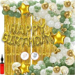 decokart 1 Gold Foil Happy Birthday Foil Balloons 60 Premium Gold White and Green Metallic Balloons 5 Gold Confetti Balloons 4 Gold Foil Stars ( 18 inch) 2 Pc Gold birthday fringe curtains with Pump Arch Dot for Kids boy Girl Adults 40th 50th 60th Theme Décor/Happy Birthday Decoration Items Set| birthday decoration items| birthday kit | baby birthday decoration set| birthday decorations items (Set of 75)