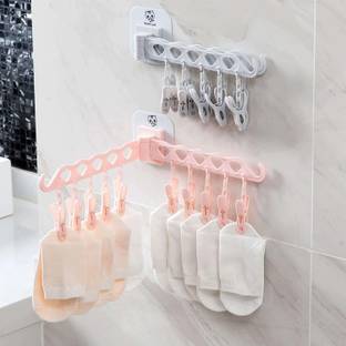 saluna Cloth Hanger Adhesive Multi-Function Hanger with 10 Clip Wall Mounted Foldable Drying Rack for Bathroom, Balcony, Bed Room Plastic Cloth Clips