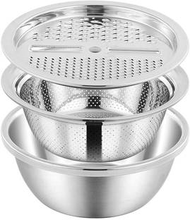 Growskv 3 in 1 Multifunctional Stainless Steel Drain Basin Basket Drainer with Vegetable Fruits Washing Bowl Strainer Strainer