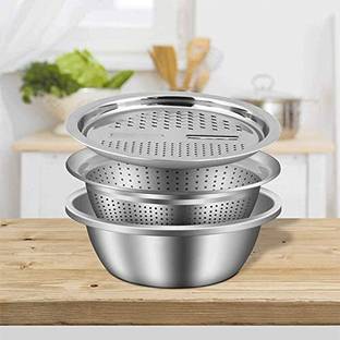 GIFTCITY Multifunctional Stainless Steel Basin Grater 3 in 1 Kitchen Vegetable Ginger Cutter Grater Lidwith Drain Basket Strainer Bowl Set for Kitchen Washing Vegetables Fruits Cheese Chocolate Kitchen Tool Set