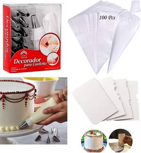 Unique Impex 12 Piece Steel Nozzles Cake Decorating Set Frosting Icing Piping Bag Tips With 1 Washable & Reusable piping bag & coupler & 4 Pcs Multi-design Icing Scraper set Kitchen Tool Set
