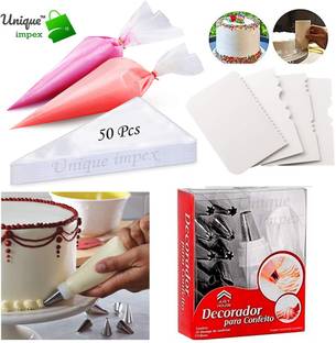 Unique Impex 1-Washable & Reusable piping bag & coupler - 12 Piece Steel Nozzles Cake Decorating Set Frosting Icing Piping Bag Tips With Steel Nozzles Muffin Dessert Decorators & 4 Pcs Multi-design Icing Scraper set Kitchen Tool Set