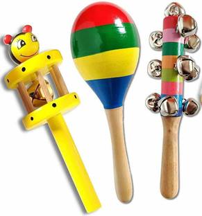 crafthub Colorful Wooden Baby Rattle Musical Infant Toys - Pack of 3