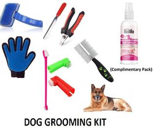 Hachiko High Quality Multi Ultra- Dog & Cat Grooming Kit Pet Teeth Brush + Nail Clipper + Comb +Gloves +Slicker Brush Trimmer Brush Shedding Removes Loose Undercoat, Slicker Brush for Pet Massage, Self Cleaning Plastic Slicker Brush With Press Key (Combo of 5) Slicker Brushes for  Dog, Cat, Rabbit, Hamster