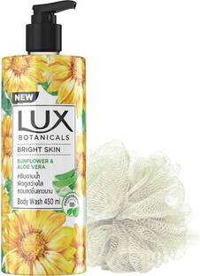 LUX Botanicals Bright Skin Body Wash, Sunflower & Aloe Vera,Shower Gel for Women, 100% Natural Extract, Paraben Free, Imported, 450ml (Free Loofah)
