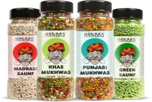 HARIBAS Mukhwas Mouth Freshener PACK OF 4 with sauf mouth freshener, Green Saunf Mukhwas , Punjabi Mukhwas , Khas Chandan Mukhwas and Madrasi Mukhwas white saunf | Fennel Seeds | Colourful Sugar Coated Saunf | Thandai Saunf GREEN SAUNF, PUNJABI MUKHWAS, KHAS MUKHWAS, MADRASI MUKHWAS Mouth Freshener