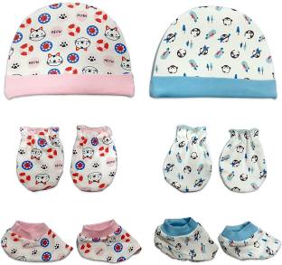 LuvLap 100% Cotton Baby Caps, Mittens and Booties Combo Set for 0-6 Months -Pack of 2