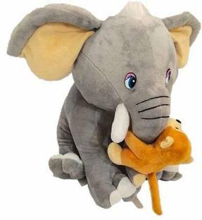 Patly Grey Elephant with Baby Monkey on Trunk Stuffed Soft Plush Toy 37 cm  - 37 cm