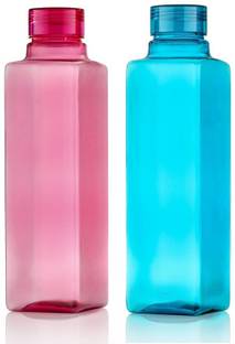 TULWIN Square Shape Water Bottle With PLASTIC CAP Cap 1000 ml (Pack of 2) (BLUE, PINK) 1000 ml Bottle